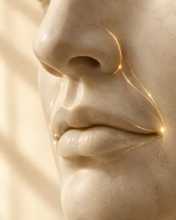 Escultura com linhas douradas do nariz aos cantos da boca