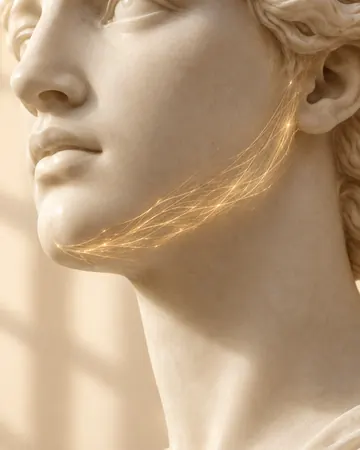 Escultura com fibras douradas ao longo da linha da mandíbula