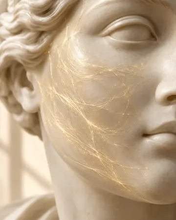 Escultura com fibras douradas sob a pele da bochecha