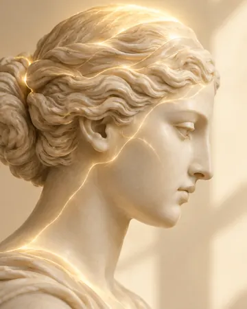 Escultura com halo de luz dourada suave sobre os cabelos
