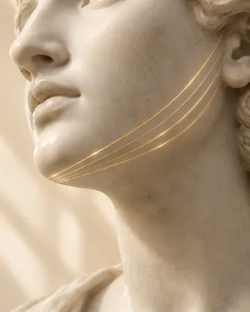 Escultura com linhas douradas ao longo da linha da mandíbula