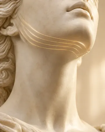 Escultura com linhas douradas abaixo do queixo