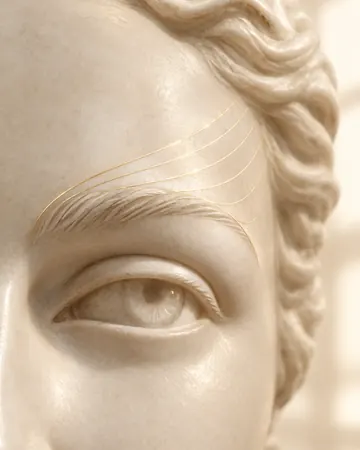 Escultura com linhas douradas subindo da cauda da sobrancelha