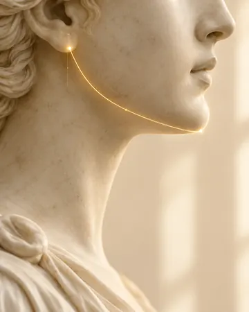 Escultura de perfil com linha dourada no queixo e na mandíbula