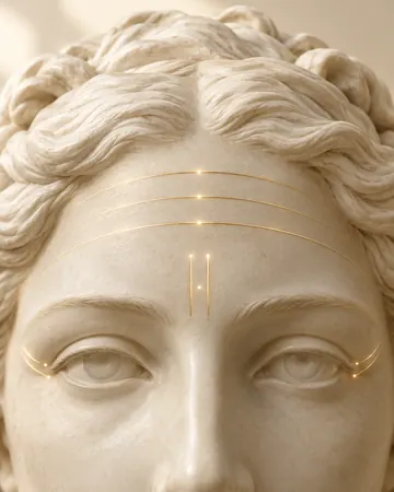 Escultura com linhas douradas na testa e entre as sobrancelhas