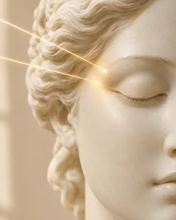Escultura com feixes dourados em volta dos olhos