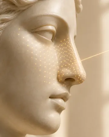 Escultura com trama de pontos de luz dourada no nariz e na bochecha