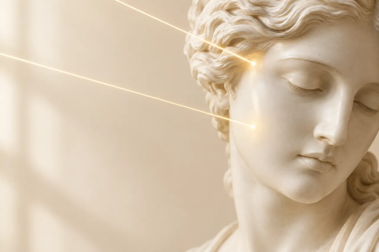 Escultura clássica de mármore atravessada por finos feixes de luz dourada sobre a pele do rosto (imagem ilustrativa)
