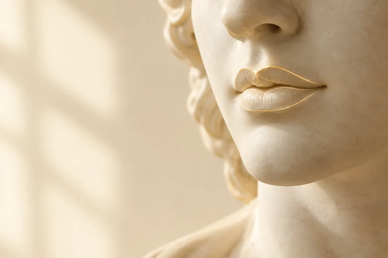 Escultura clássica de mármore com linhas douradas no contorno dos lábios (imagem ilustrativa)