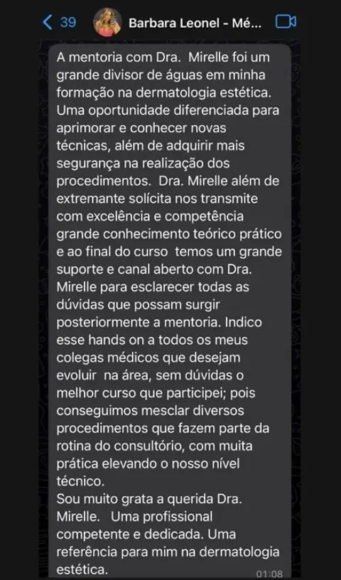 Mensagem de WhatsApp da Dra. Barbara Leonel: “A mentoria com a Dra. Mirele foi um grande divisor de águas na minha formação. Ao final temos um grande suporte e canal aberto com ela para esclarecer as dúvidas. Indico a todos os colegas médicos que desejam evoluir na área.”