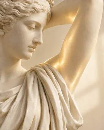 Estátua com manto de mármore e brilho dourado suave na lateral
