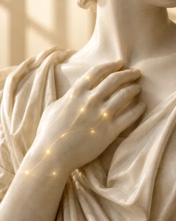 Mão de escultura com brilho dourado suave no dorso