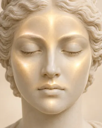 Escultura com luz dourada suave na testa e acima do lábio
