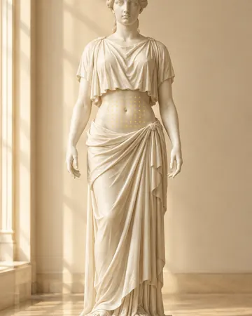 Estátua de frente com pontos dourados no abdome