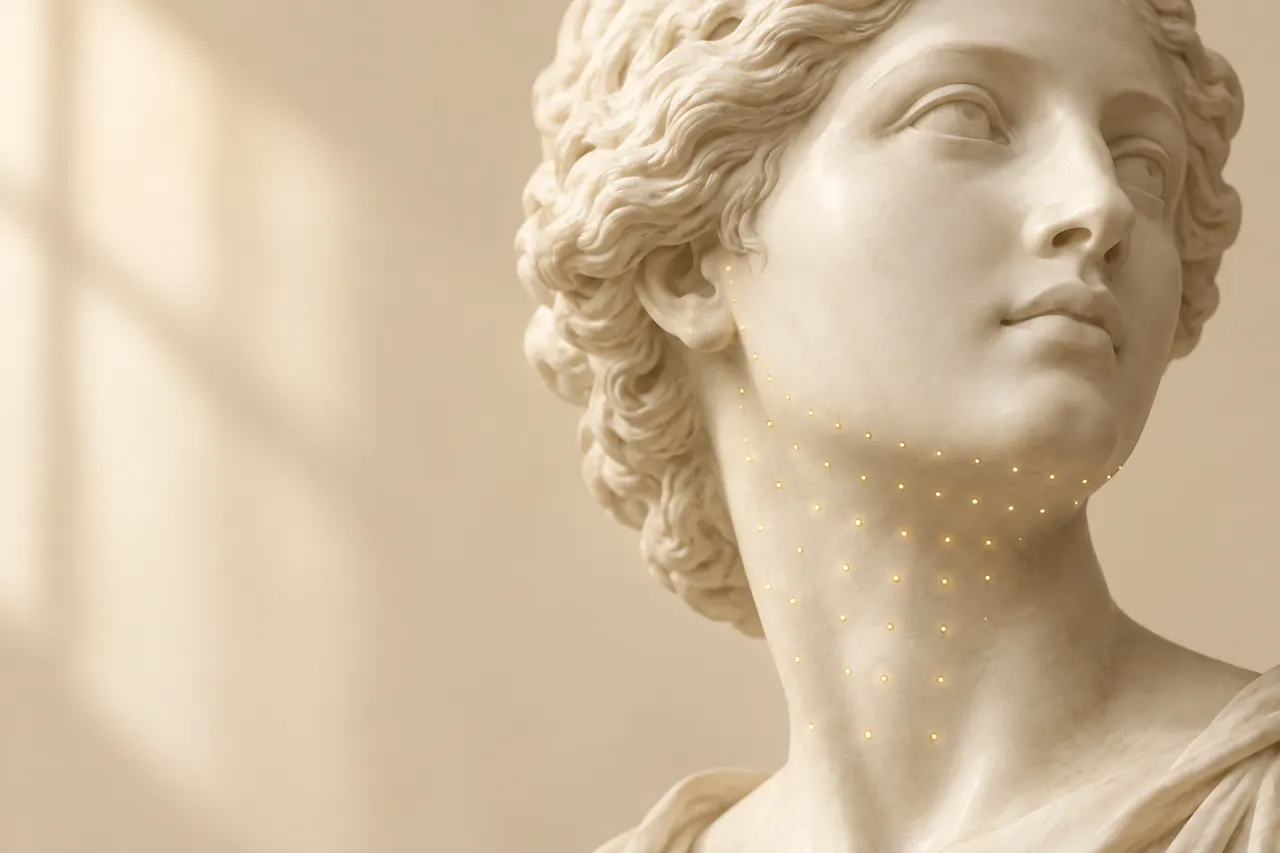 Escultura clássica de mármore com pequenos pontos de luz dourada sob o queixo e na linha da mandíbula (imagem ilustrativa)