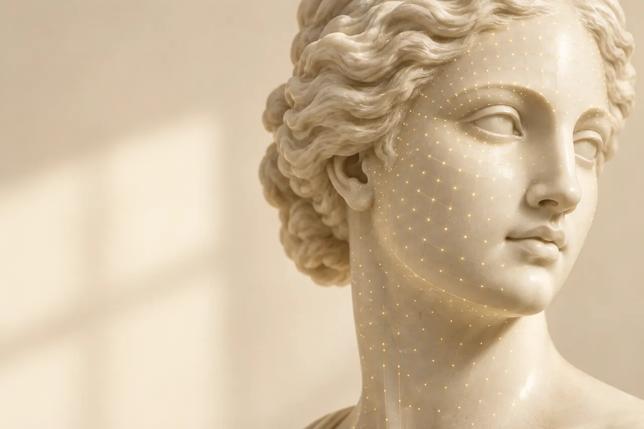 Escultura clássica de mármore com uma trama fina de pequenos pontos de luz dourada sobre a pele do rosto (imagem ilustrativa)