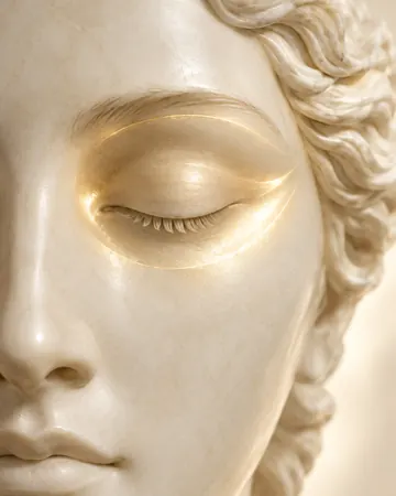 Escultura com brilho dourado em volta dos olhos