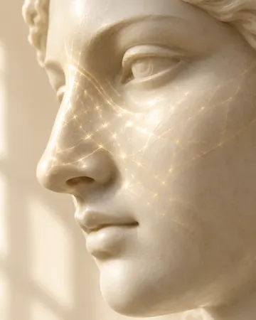 Escultura com trama fina de luz dourada no nariz e na bochecha