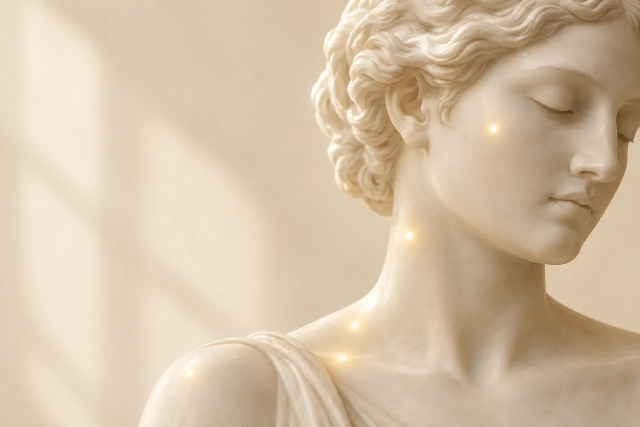 Escultura clássica de mármore com pequenos pontos de luz dourada sobre a pele (imagem ilustrativa)