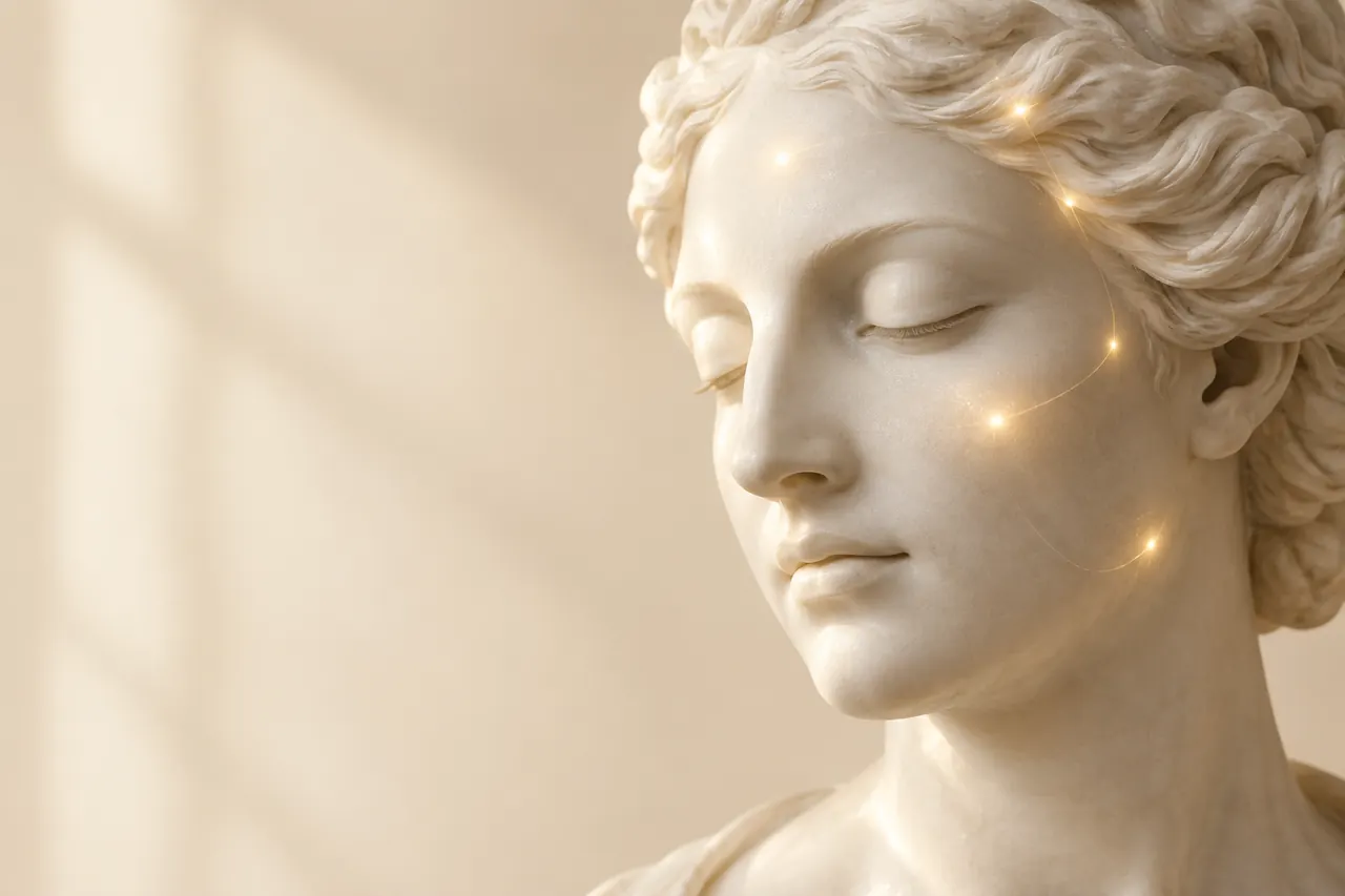 Escultura clássica de mármore com pontos de luz dourada suave sobre a pele (imagem ilustrativa)