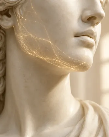 Escultura com fibras douradas ao longo da mandíbula