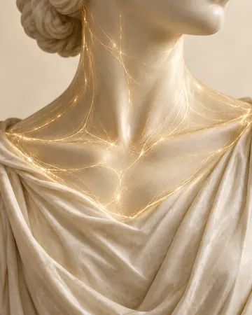 Escultura com fibras douradas no pescoço e no colo, com drapeado