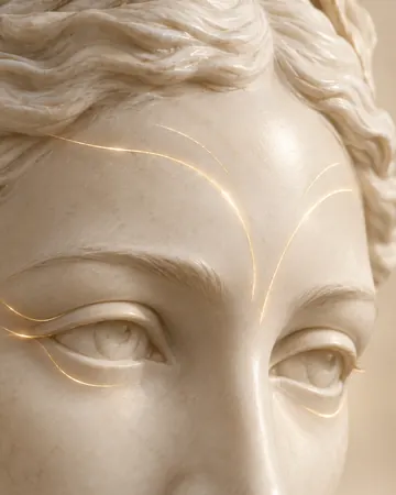 Escultura com linhas douradas suaves na testa e ao lado dos olhos
