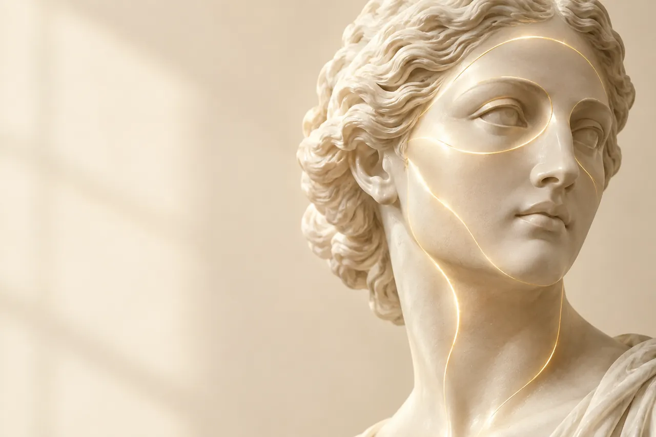 Escultura clássica de mármore com suaves linhas de luz dourada na testa, nos olhos, nas maçãs do rosto e no pescoço (imagem ilustrativa)