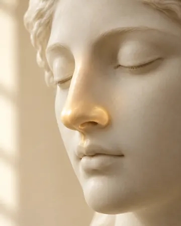 Escultura de perfil com brilho dourado suave no nariz