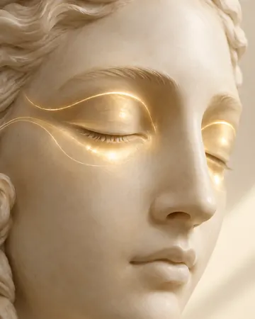 Escultura com brilho dourado suave em volta dos olhos fechados