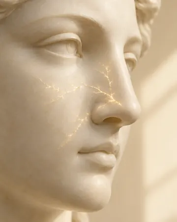 Escultura com finas linhas de luz dourada na lateral do nariz