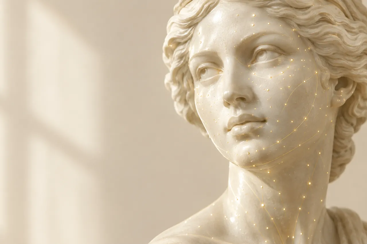 Escultura clássica de mármore com a pele luminosa e pequenos pontos de luz dourada espalhados pelo rosto e pelo pescoço (imagem ilustrativa)