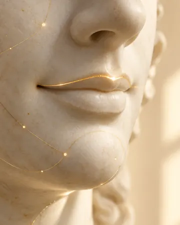 Escultura sorrindo com linha dourada no lábio superior