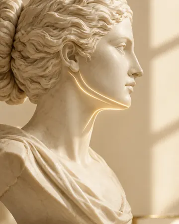 Escultura de perfil com linhas douradas abaixo do queixo