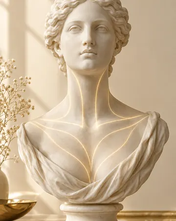 Escultura com linhas douradas no pescoço e no colo