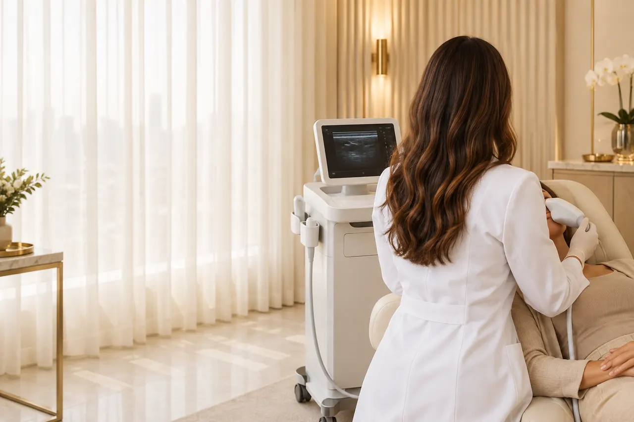 Médica de costas aplicando ultrassom no rosto de uma paciente em uma sala de medicina estética (imagem ilustrativa)