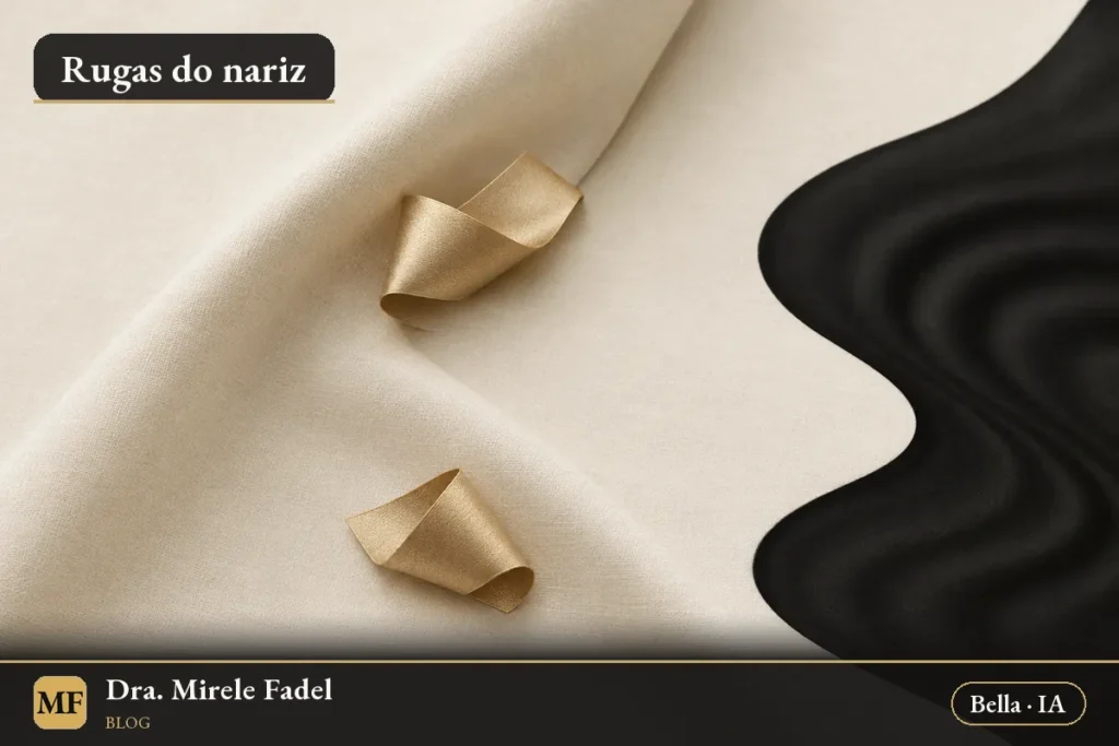 Ilustração gerada por IA: natureza-morta abstrata com dobras de tecido creme, fitas douradas e uma ondulação em tinta
