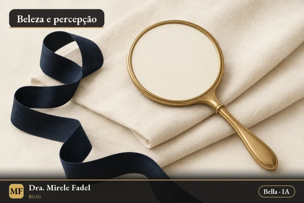 Ilustração gerada por IA: natureza-morta abstrata com um espelho dourado sem reflexo sobre tecido creme e uma fita em tom de tinta