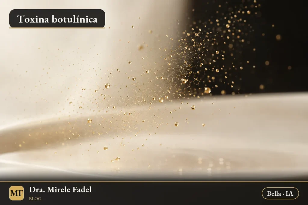 Ilustração gerada por IA: névoa de gotículas douradas sobre porcelana creme
