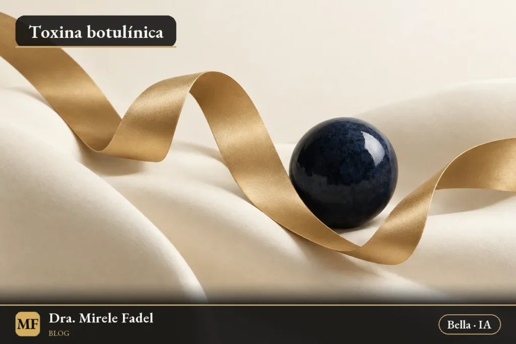 Ilustração gerada por IA: natureza-morta abstrata com uma fita dourada sobre dobras de tecido creme e uma esfera azul-tinta