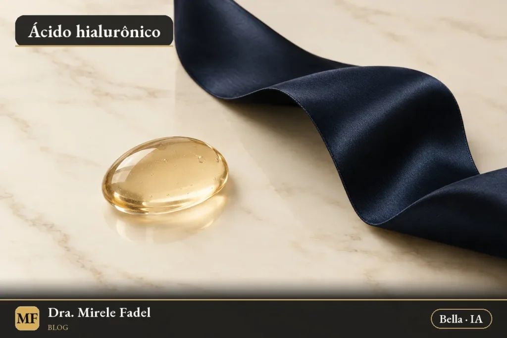 Ilustração gerada por IA: gota translúcida dourada sobre superfície de mármore creme, ao lado de uma fita de seda azul-tinta dobrada