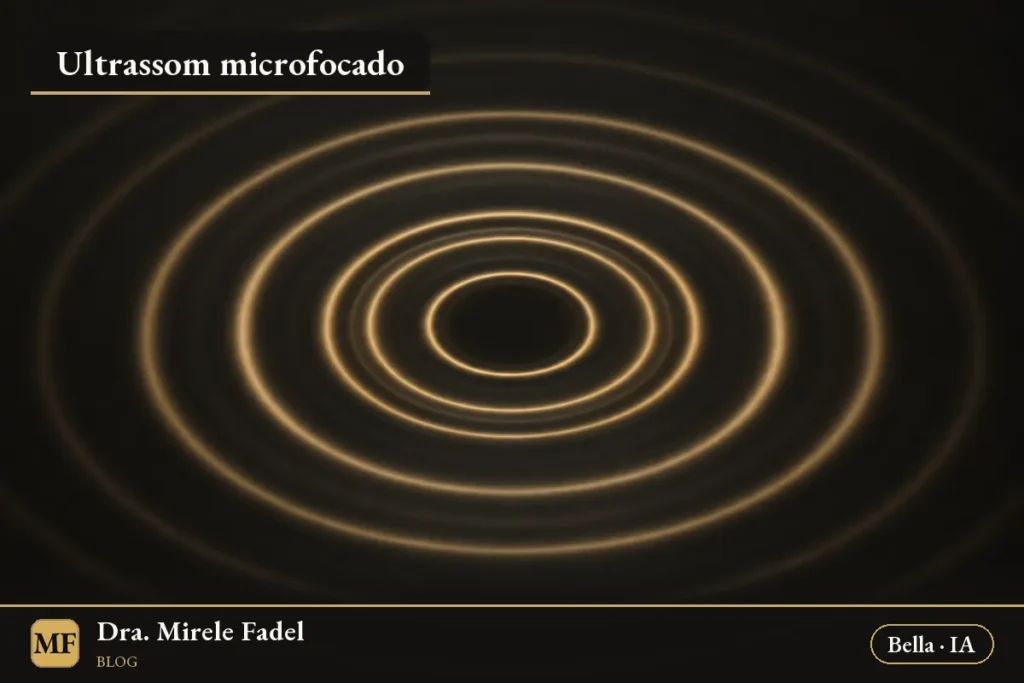 Ilustração gerada por IA: ondas douradas concêntricas sobre fundo escuro
