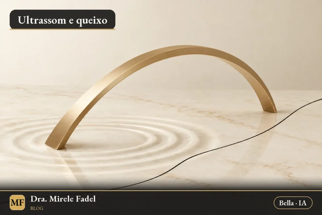 Ilustração gerada por IA: natureza-morta abstrata com um arco dourado sobre superfície de mármore creme e ondulações concêntricas, ligada ao tema do contorno.