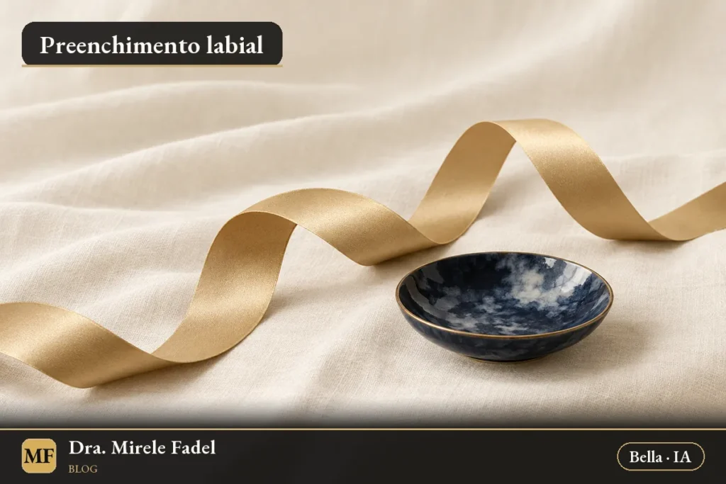 Ilustração gerada por IA: duas fitas curvas em dourado champanhe sobre linho creme, ao lado de um pequeno prato azul-tinta