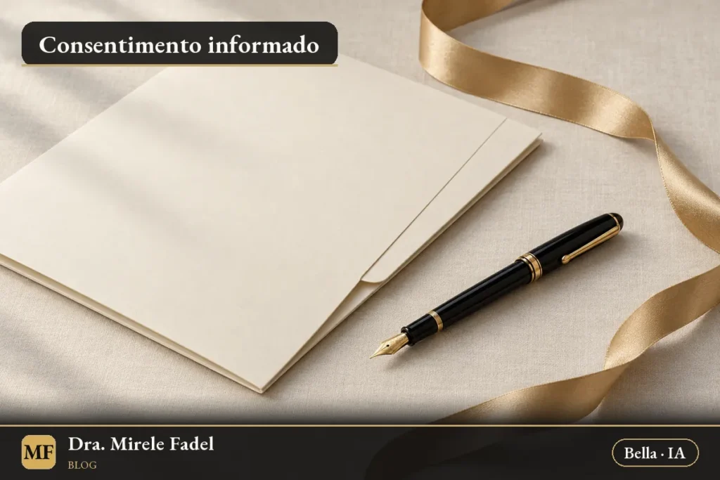 Ilustração gerada por IA: natureza-morta abstrata com uma pasta de papel marfim, uma caneta-tinteiro e uma fita dourada sobre tecido creme